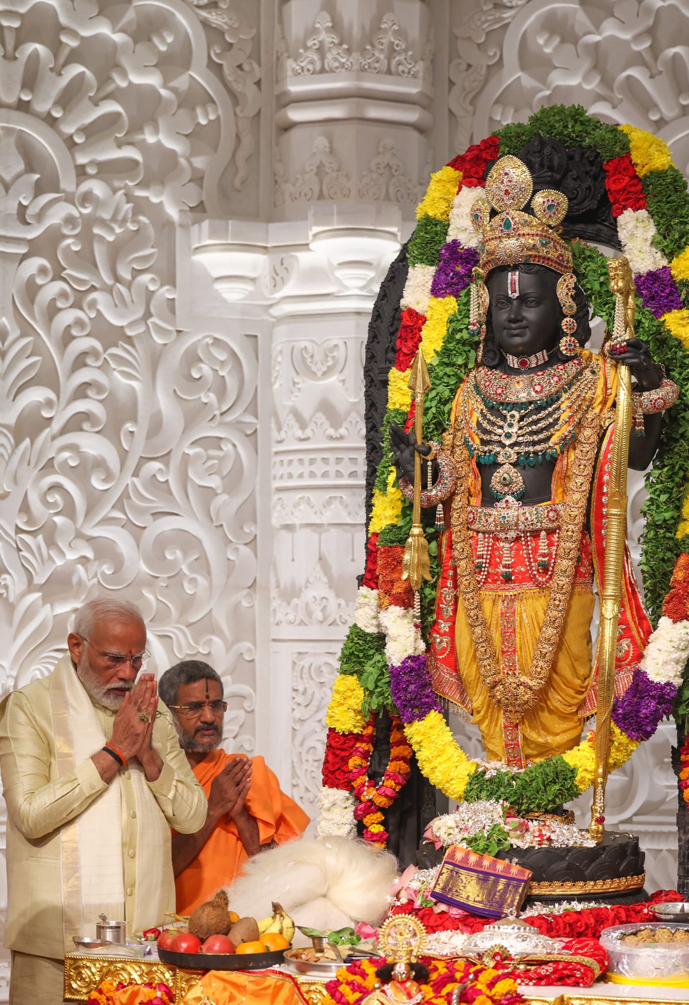Prime Minister Modi in namaskar posture before the Ram Lalla idol at Ayodhya Ram Mandir during Prana Pratishtha January 2024