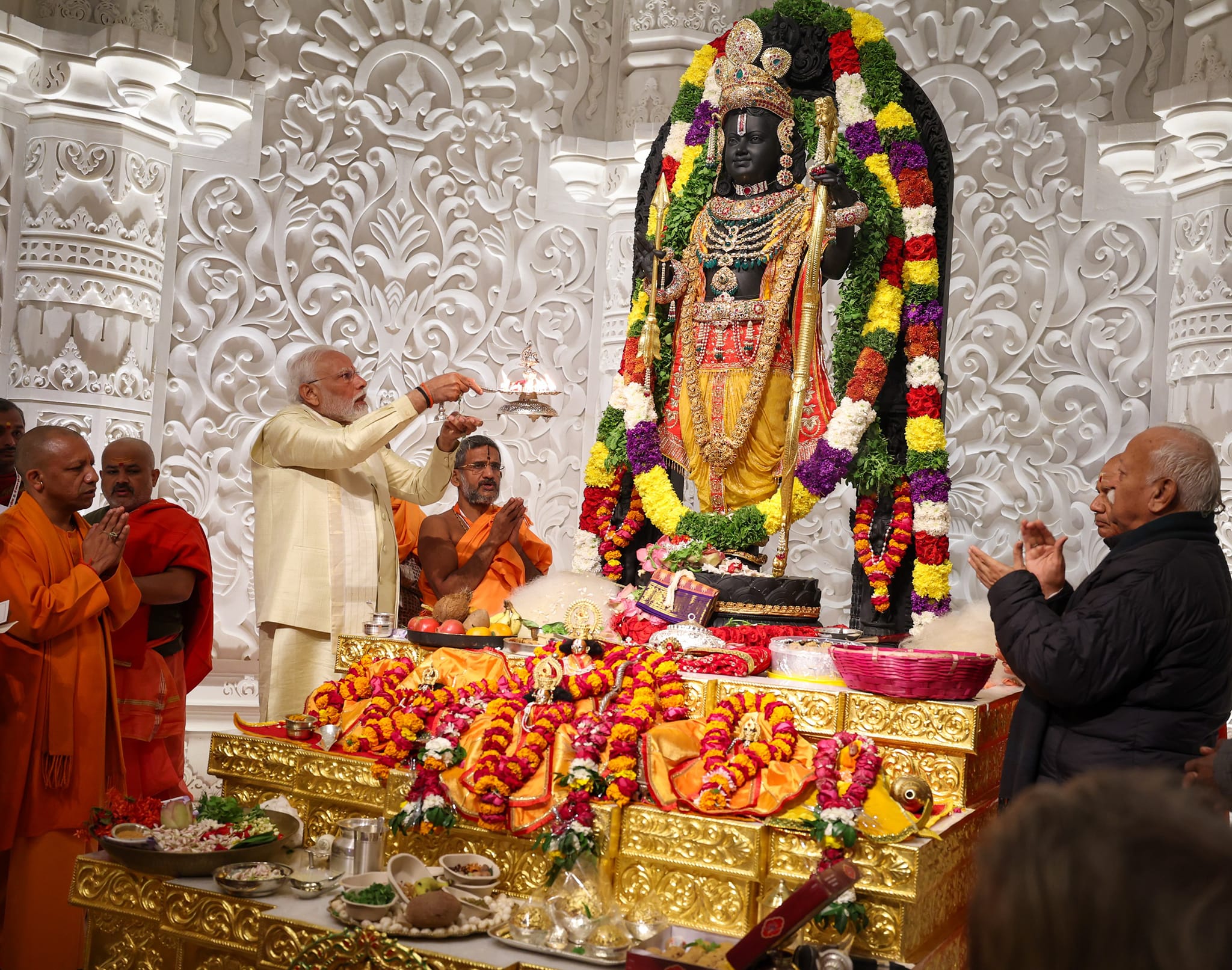 Prime Minister Modi performing aarti before the Ram Lalla idol during the Prana Pratishtha ceremony on January 22 2024